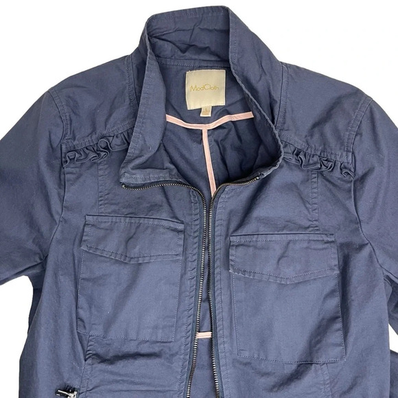 ModCloth Navy Blue Ruffle Peplum Cotton Zip Jacket Size Large - Picture 11 of 14